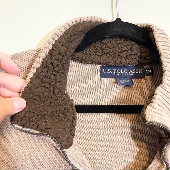 U.S. Polo Assn. Men's Tan 1/4 Zip Stand-Up Collar Long Sleeve Ribbed Sweater XXL - Picture 5 of 16